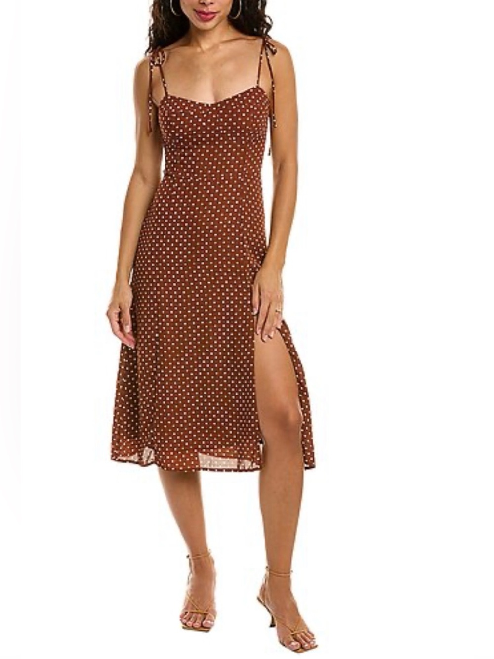 NWOT Monsea Brown Polka Dot Tie-Shoulder Midi Dress with high slit L